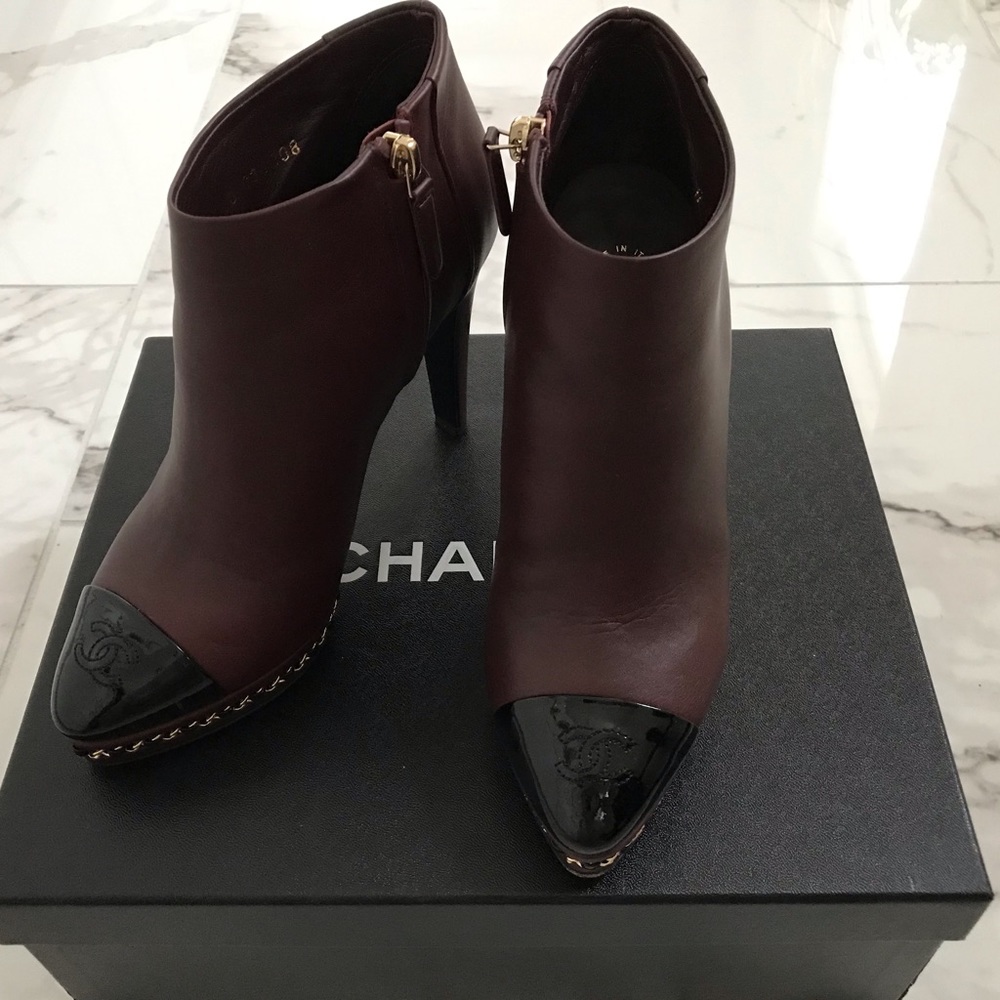 Chanel Burgundy Leather Ankle Booties with Gold Chain Details 36